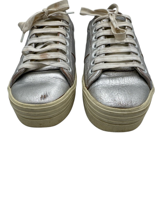 Saint Laurent Shoe Size 39 Silver Leather Upper Round Toe lace up Sneakers Silver / 39