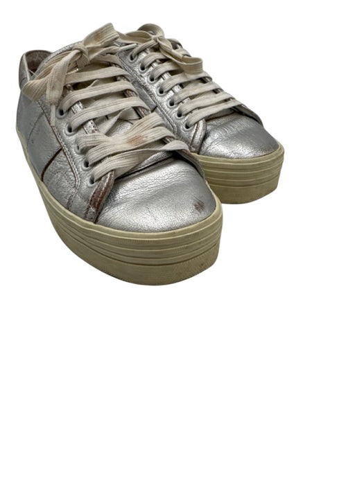 Saint Laurent Shoe Size 39 Silver Leather Upper Round Toe lace up Sneakers Silver / 39