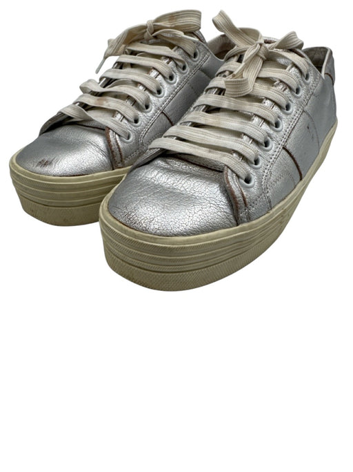 Saint Laurent Shoe Size 39 Silver Leather Upper Round Toe lace up Sneakers Silver / 39