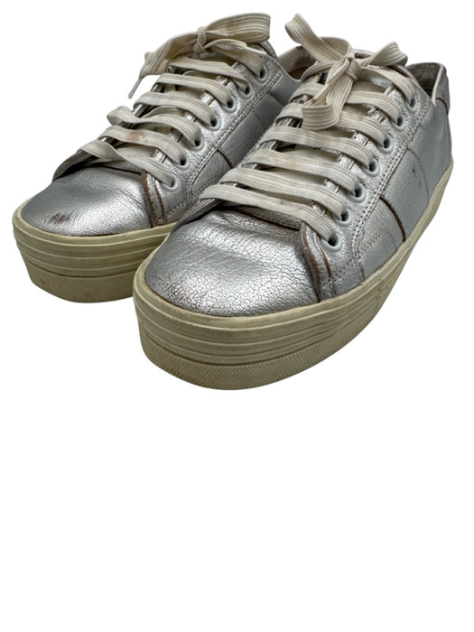 Saint Laurent Shoe Size 39 Silver Leather Upper Round Toe lace up Sneakers Silver / 39