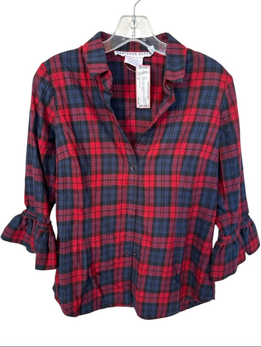Gretchen Scott Size S Navy & Red Cotton Plaid Long Sleeve Button Down Top Navy & Red / S