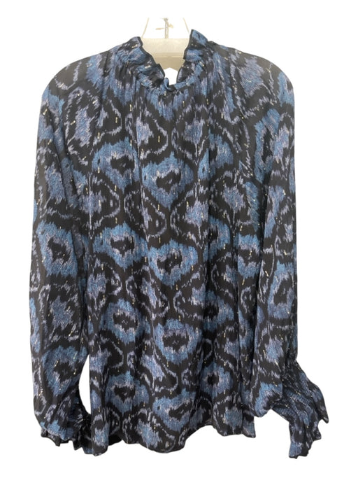 Figue Size XL Black & Blue Silk Blend Ikat Long Puff Sleeve Ruffle Tie Neck Top Black & Blue / XL