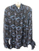 Figue Size XL Black & Blue Silk Blend Ikat Long Puff Sleeve Ruffle Tie Neck Top Black & Blue / XL