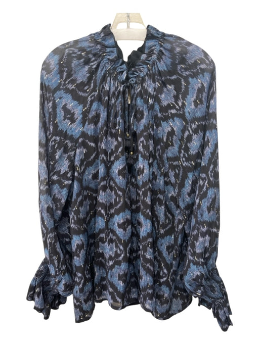 Figue Size XL Black & Blue Silk Blend Ikat Long Puff Sleeve Ruffle Tie Neck Top Black & Blue / XL