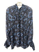 Figue Size XL Black & Blue Silk Blend Ikat Long Puff Sleeve Ruffle Tie Neck Top Black & Blue / XL