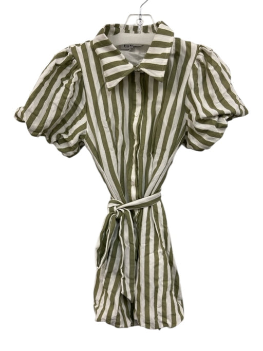 En Saison Size S Green & White Rayon & Nylon Short Puff Sleeve Stripe Mini Dress Green & White / S