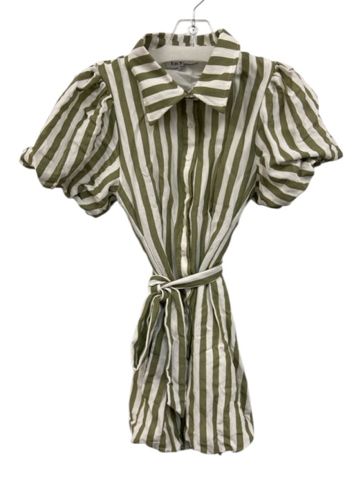 En Saison Size S Green & White Rayon & Nylon Short Puff Sleeve Stripe Mini Dress Green & White / S