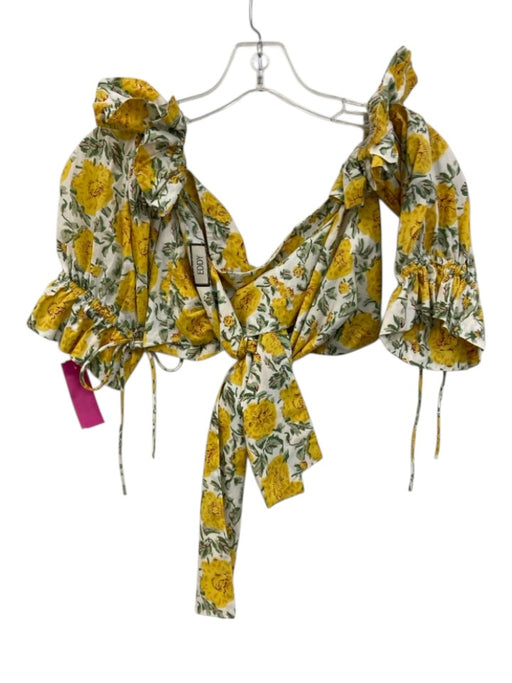 Eddy Size XS Yellow, Green, White Cotton Short Puff Sleeve Floral Print Crop Top Yellow, Green, White / XS