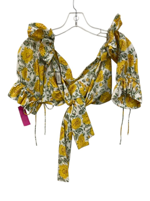 Eddy Size XS Yellow, Green, White Cotton Short Puff Sleeve Floral Print Crop Top Yellow, Green, White / XS