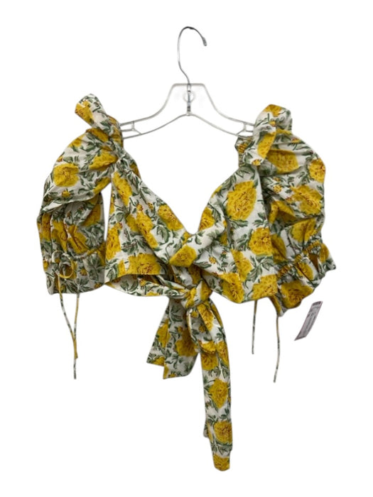 Eddy Size XS Yellow, Green, White Cotton Short Puff Sleeve Floral Print Crop Top Yellow, Green, White / XS