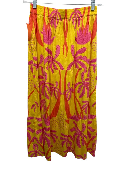 Sheridan French Size XS Pink & Yellow Cotton Elastic Waist Midi Skirt Set Pink & Yellow / XS