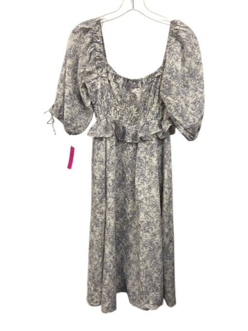 Moodie Size XS Blue & White Cotton Short Puff Sleeve Floral Print Midi Dress Blue & White / XS