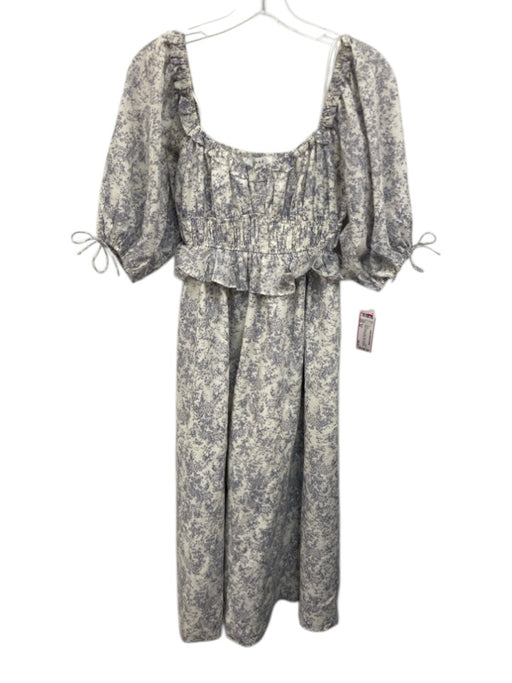 Moodie Size XS Blue & White Cotton Short Puff Sleeve Floral Print Midi Dress Blue & White / XS