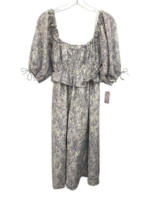 Moodie Size XS Blue & White Cotton Short Puff Sleeve Floral Print Midi Dress Blue & White / XS