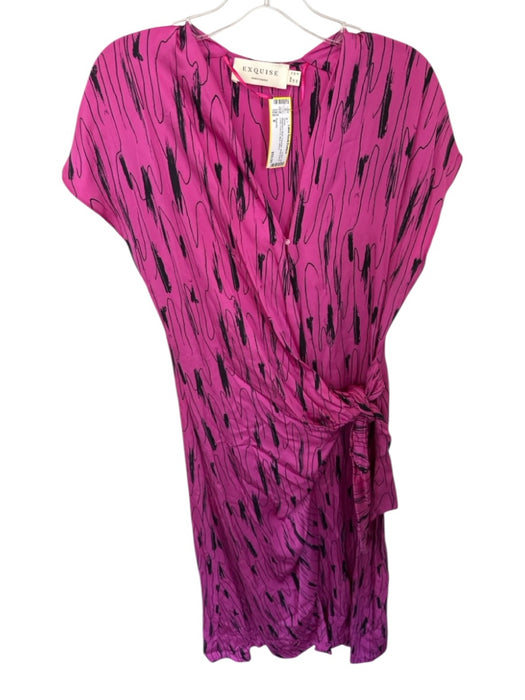Exquise Size 8 Magenta & Black Polyester Short Sleeve Lines Front Tie Maxi Dress Magenta & Black / 8