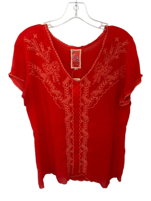 Johnny Was Size S Tomato Cupra Short Sleeve Embroidered Lace Trim Top Tomato / S