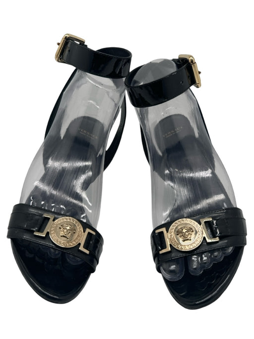 Versace Shoe Size 36.5 Black Patent Leather GHW Logo Open Toe Ankle Buckle Heels Black / 36.5