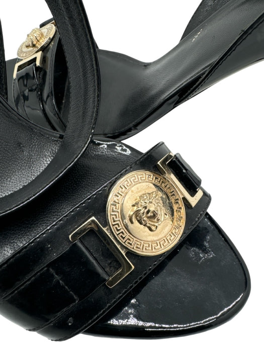 Versace Shoe Size 36.5 Black Patent Leather GHW Logo Open Toe Ankle Buckle Heels Black / 36.5