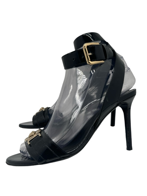 Versace Shoe Size 36.5 Black Patent Leather GHW Logo Open Toe Ankle Buckle Heels Black / 36.5