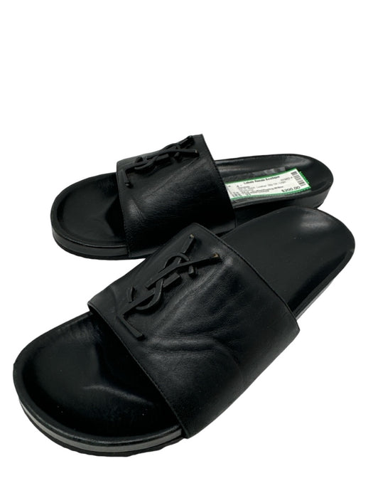 Yves Saint Laurent Shoe Size 37 Black Leather Slides Logo Mule Sandals Black / 37