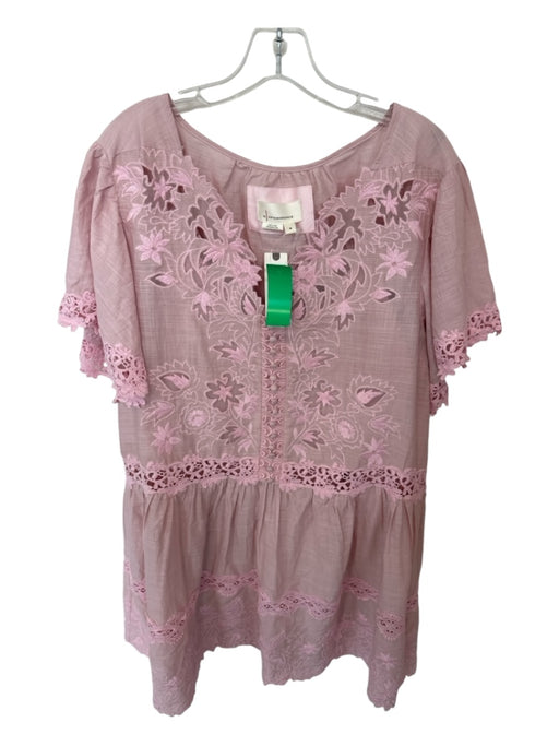 By Anthropologie Size M Pink Cotton Short Sleeve Lace Embroidered Buttons Dress Pink / M