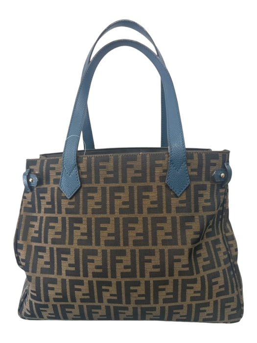 Fendi Brown & Blue Print Canvas & Leather Zucca Monogram Tote Bag Brown & Blue Print / M