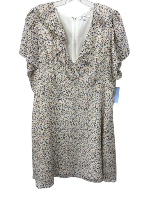 Madewell Size 14 White & Multi Silk Short Sleeve Floral V Neck Back Zip Dress White & Multi / 14