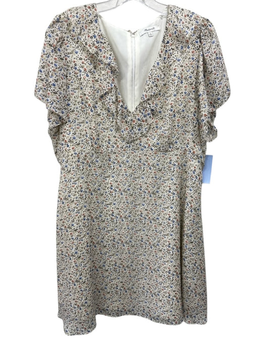Madewell Size 14 White & Multi Silk Short Sleeve Floral V Neck Back Zip Dress White & Multi / 14