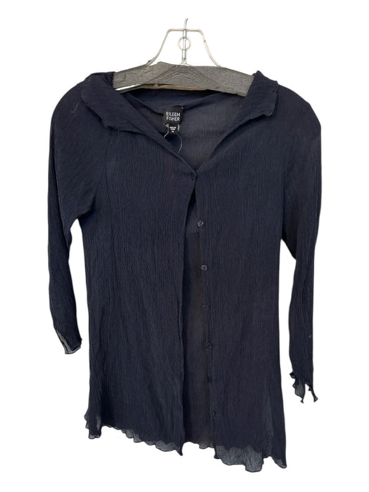Eileen Fisher Size M Navy Silk Long Sleeve Crinkle Semi Sheer Buttons Top Navy / M