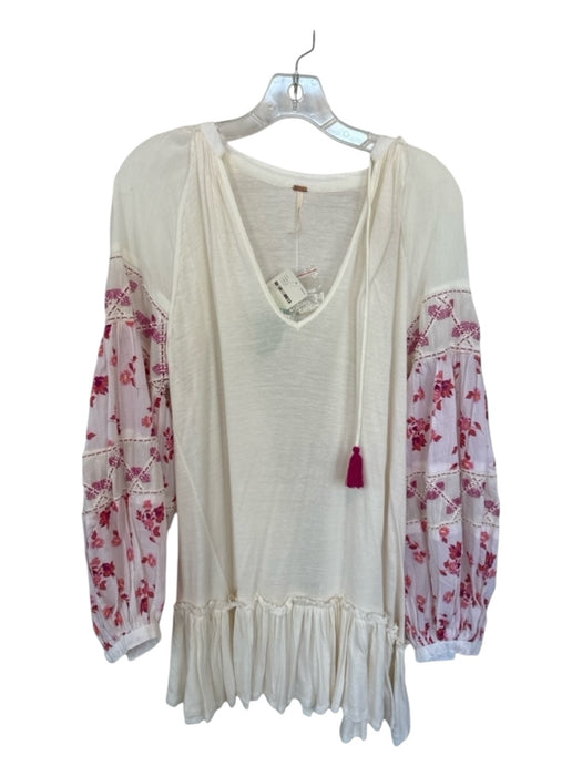 Free People Size M White & Purple Cotton Long Balloon Sleeve Flowers Beaded Top White & Purple / M