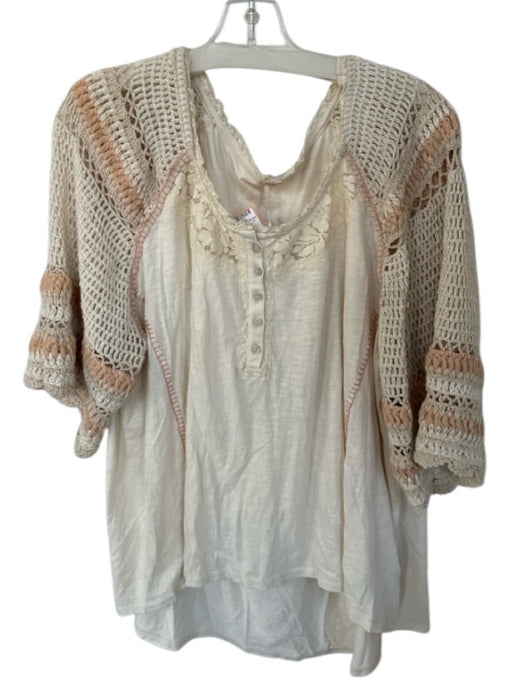 Free People Size M cream &  pale pink Cotton Blend Lace Detail Crochet Top cream &  pale pink / M