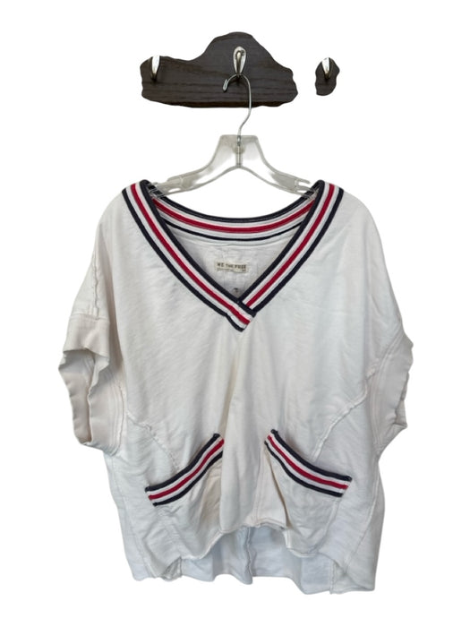 We The Free Size M White, Navy & Blue Cotton Short Sleeve V Neck Sweatshirt White, Navy & Blue / M