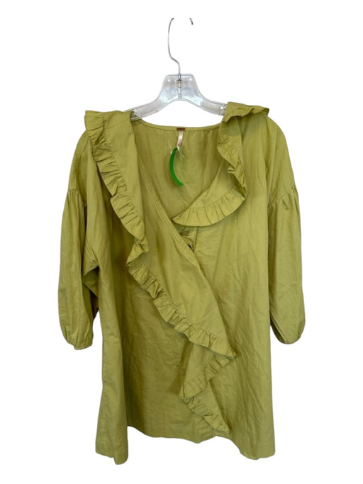 Free People Size M Chartreuse Cotton Long Sleeve Ruffles Dress Chartreuse / M