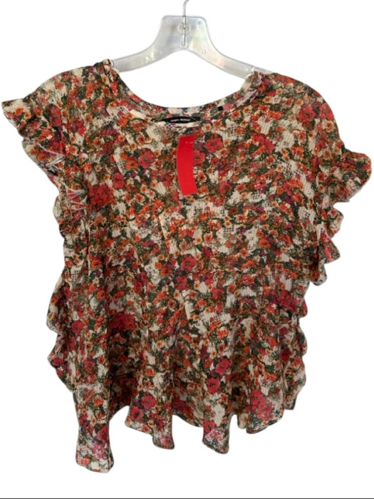 Isabel Marant Size 38 Orange & Green Viscose Blend Flutter Sleeves Flowers Top Orange & Green / 38