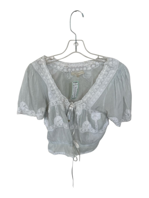 Loveshackfancy Size S Baby Blue & White Cotton Short Balloon Sleeve Lace Top Baby Blue & White / S