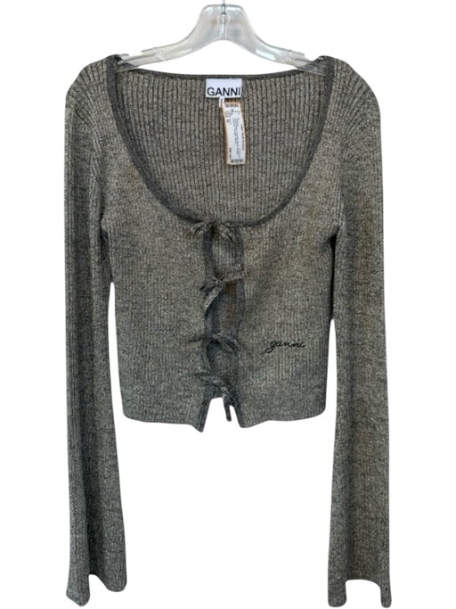 Ganni Size M Gold & Black Polyester Blend Metallic Front Tie Cardigan Sweater Gold & Black / M