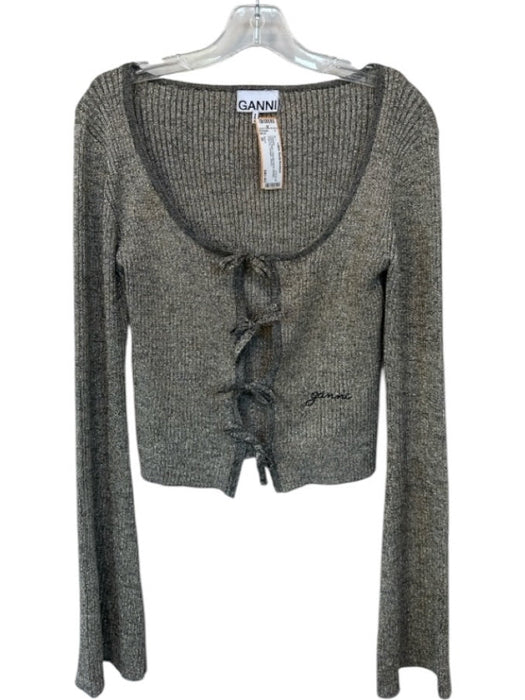 Ganni Size M Gold & Black Polyester Blend Metallic Front Tie Cardigan Sweater Gold & Black / M