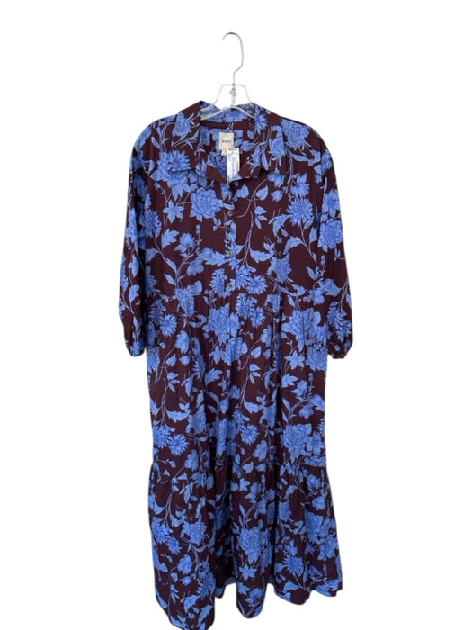 Maeve Size L Maroon & purple Cotton Long Balloon Sleeve Botanical Collar Dress Maroon & purple / L