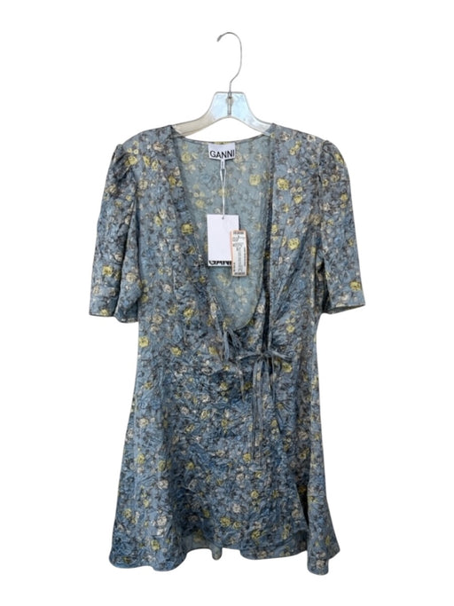 Ganni Size 38 Blue & Yellow Recycled Polyester Blend Short Sleeve Roses Dress Blue & Yellow / 38