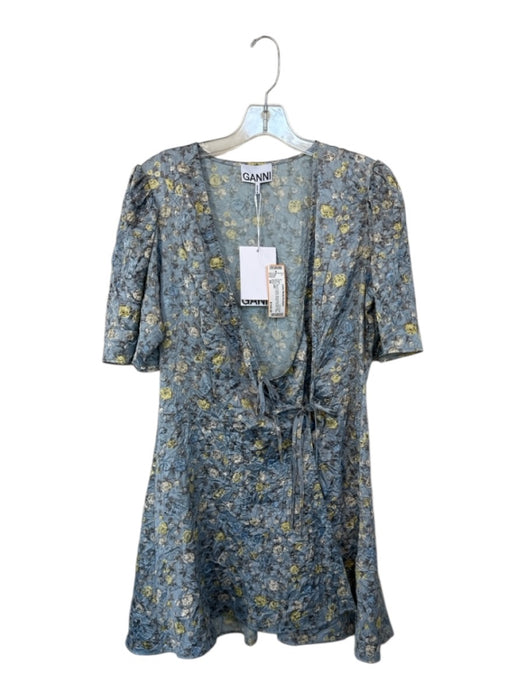 Ganni Size 38 Blue & Yellow Recycled Polyester Blend Short Sleeve Roses Dress Blue & Yellow / 38