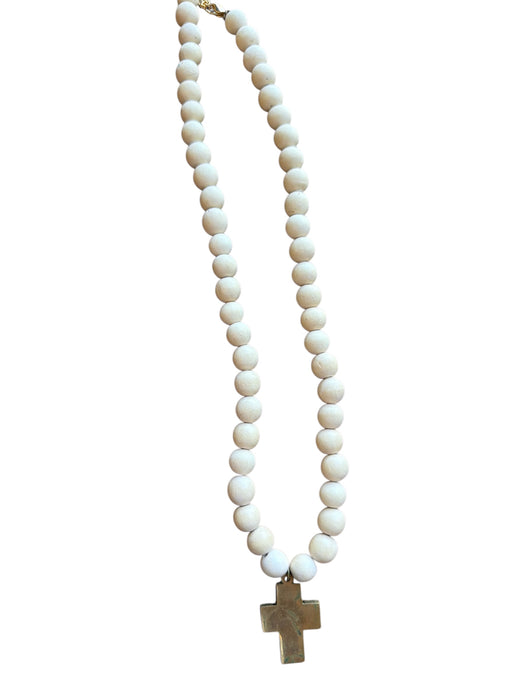 Cream & Gold Wood Beads Cross Pendant Mid Length Necklace Cream & Gold