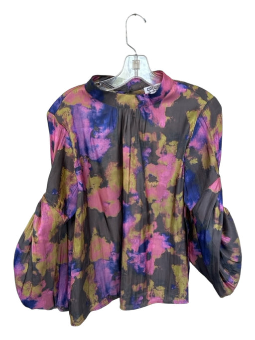 Crosby Size L Purple & Yellow Polyester Mock Neck Abstract Balloon Sleeve Top Purple & Yellow / L