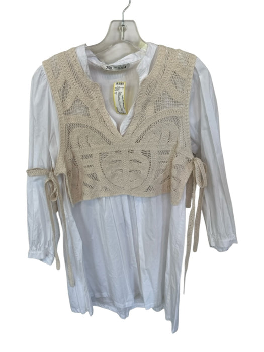 Zara Size S White & Cream Cotton Crochet Detail Long Sleeve Mini Dress White & Cream / S