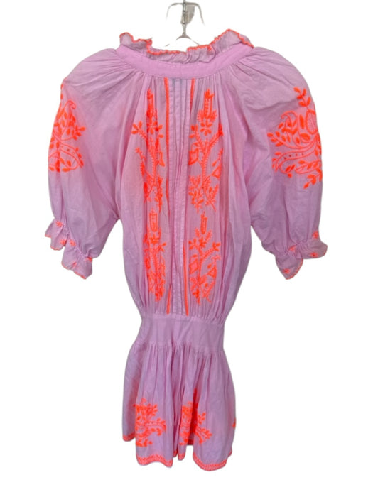 Juliet Dunn Size 3 Pink & Orange Cotton Mini embroider neck Ruffle Neck Dress Pink & Orange / 3