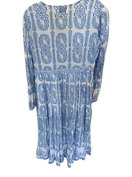 Vintage Ibiza Size Est M Blue & White Cotton V Neck Button Up Abstract Dress Blue & White / Est M