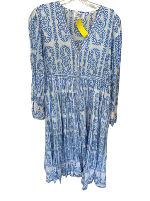 Vintage Ibiza Size Est M Blue & White Cotton V Neck Button Up Abstract Dress Blue & White / Est M
