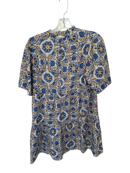 Tuckernuck Size L Blue & Brown Cotton V Neck Short Sleeve Floral Mini Dress Blue & Brown / L