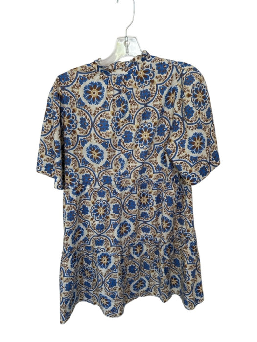 Tuckernuck Size L Blue & Brown Cotton V Neck Short Sleeve Floral Mini Dress Blue & Brown / L