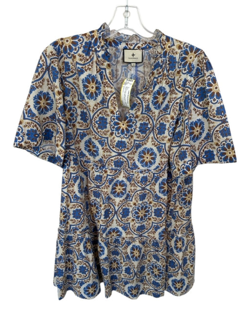 Tuckernuck Size L Blue & Brown Cotton V Neck Short Sleeve Floral Mini Dress Blue & Brown / L