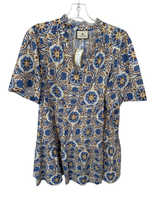 Tuckernuck Size L Blue & Brown Cotton V Neck Short Sleeve Floral Mini Dress Blue & Brown / L